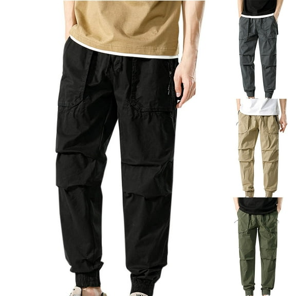 safuny Men's Sweatpants Athletic-Fit Cargos Joggers Pants Pockets Zipper Drawstring Lounge Pants Relaxed Baggy Cotton Lined Trousers Casual Work Fashion Green L