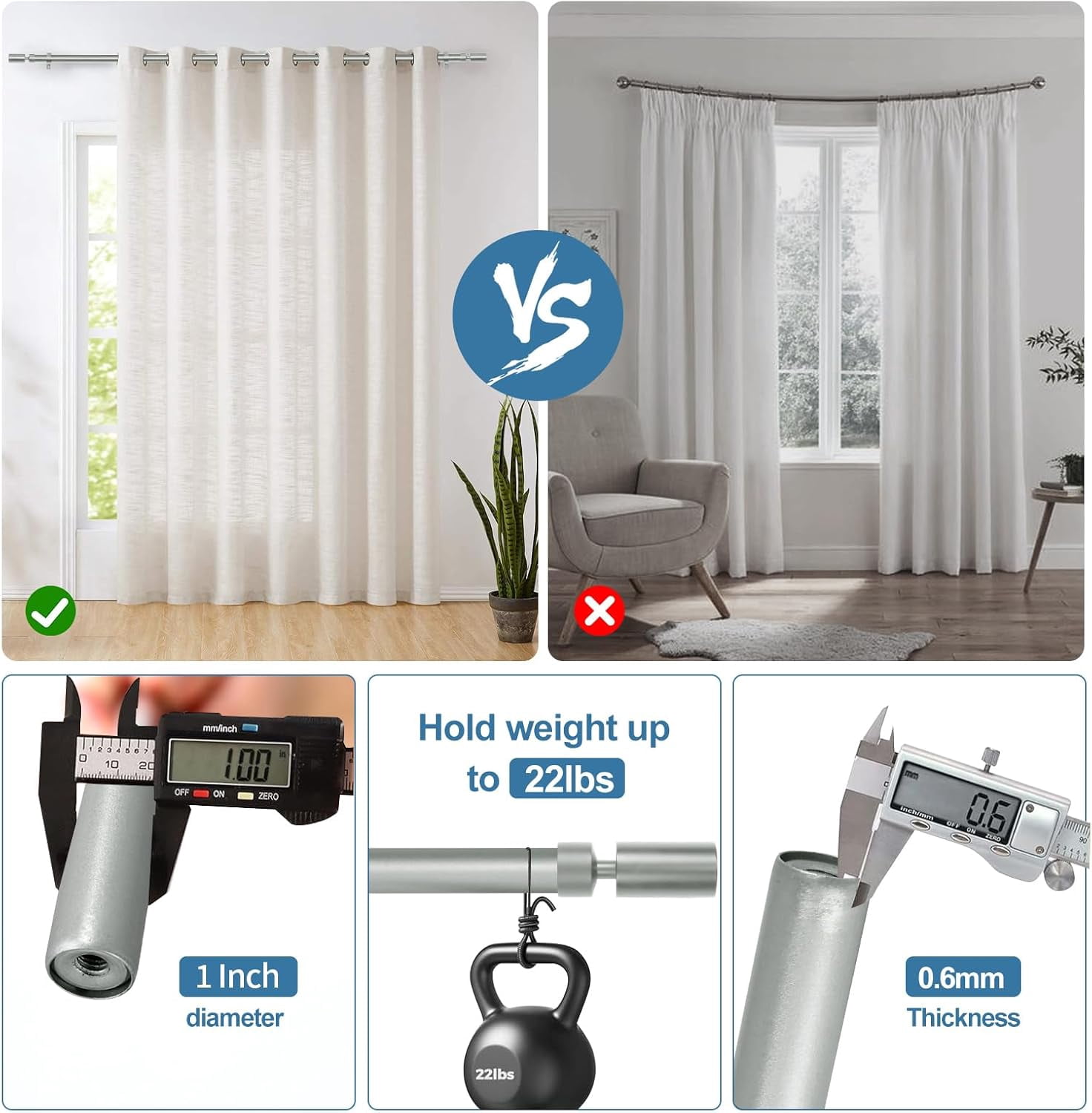 Urbanest Adjustable Single Curtain Rod Set Sullivan Finials – 1 - Inch Diameter, With Brushed Steel Rod, 28–48 Inches