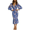 thumbnail image 2 of hirigin Women's Smocked Floral Bodycon Midi Dress Long Puff Sleeve Empire Waist V Neck Ruffle Pencil Mermaid Cocktail Dresses, 2 of 9