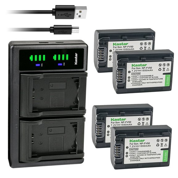Kastar 4-Pack NP-FV50 Battery and LTD2 USB Charger Replacement for Sony HDR-PJ390 HDR-PJ420 HDR-PJ50 HDR-PJ510 HDR-PJ540 HDR-PJ580 HDR-PJ650 HDR-PJ670 HDR-PJ710 HDR-PJ740 HDR-PJ760 HDR-PJ780 Camera