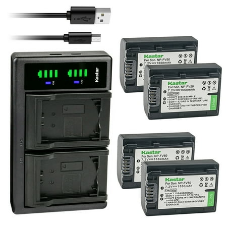 Kastar 4-Pack NP-FV50 Battery and LTD2 USB Charger Replacement for Sony HXR-NX70 HXR-NX80 PXW-Z90V PXW-X70 DCR-PJ5 DCR-SR10 DCR-SR15 DCR-SR20 DCR-SR21 DCR-SR58 DCR-SR68 DCR-SR73 DCR-SR78 Camera