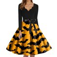 thumbnail image 4 of WTOBBY Women's Retro Halloween Printed Dress Featuring V-Neckline, Slim Casual Design, Long Sleeves, and Comfortable Fit for Party Wear ,Orange 2XL, 4 of 5