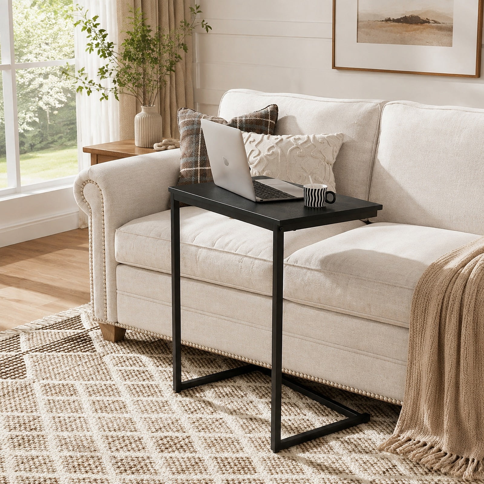 Furnibear C Shaped Side Table Sofa Snack End Table with Sturdy Metal Frame and Wood Grain Top for Living Room Bedroom and Couch, Black