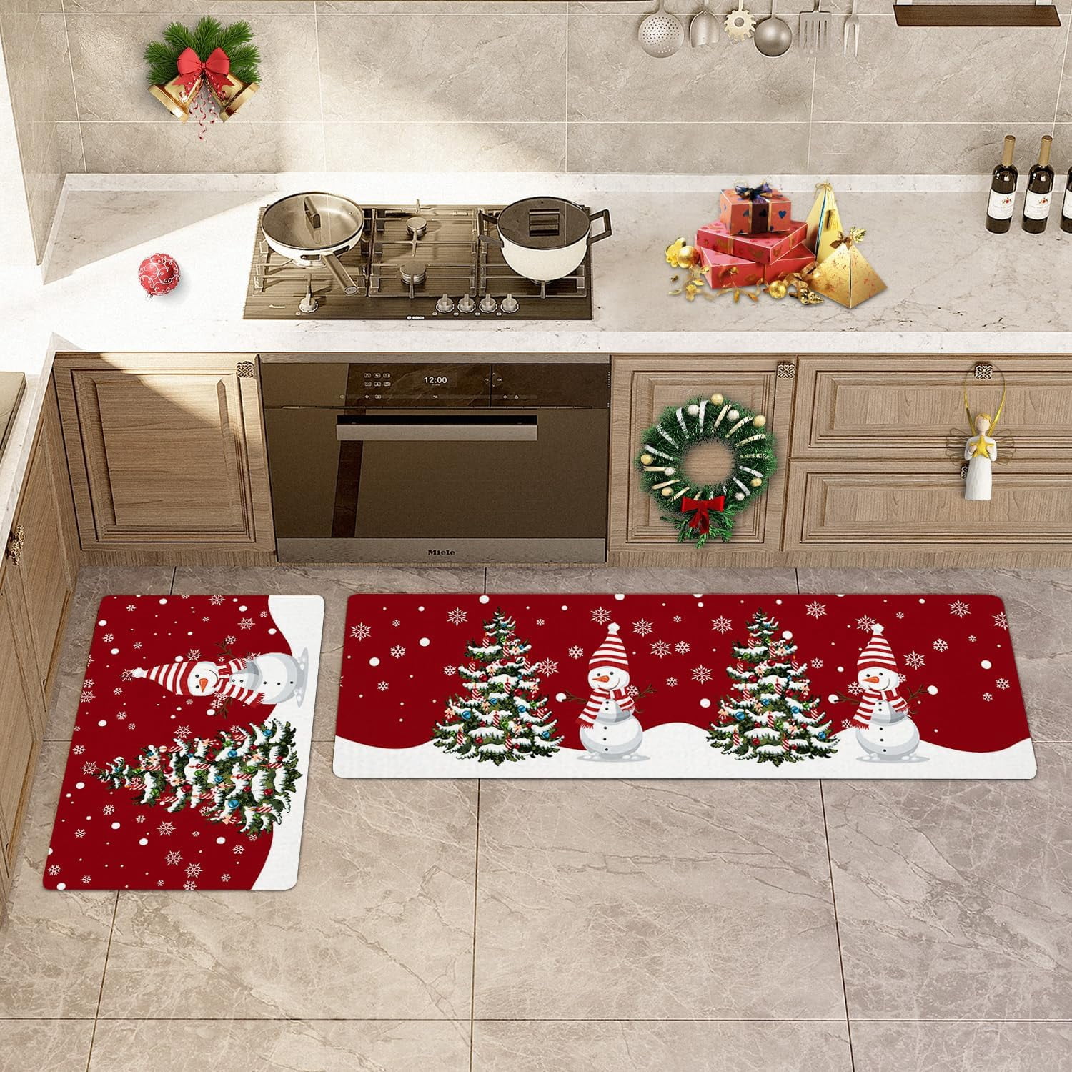 Winter Cartoon Snowman Kitchen Rugs and Mats Non Skid Washable Floor Doormat, Christmas Tree Colorful Balls 2 Piece Comfort Sink Standing Rug Area Runner Non-Slip Rubber Backing Mat Snowflakes on Red