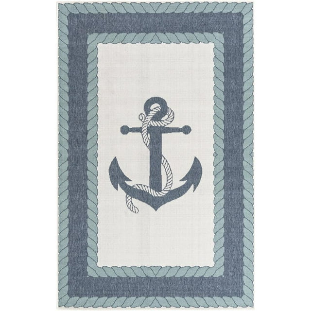 Unique Loom Outdoor Coastal Anchor Rope Rug 5' 3 x 8' Rectangle Navy Blue/Ivory
