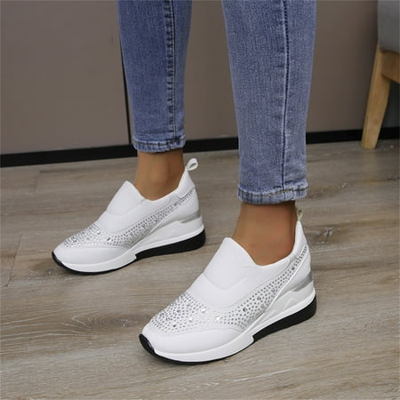 

XIAQUJ Ladies Fashion Rhinestone Leather Cloth Patched Thick Sole Wedges Heel Casual Sports Shoes Women s Fashion Sneakers White 7(38)