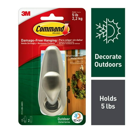Command Outdoor Hook, Large, Brushed Nickel, 1 Wall Hook, 2 Strips/Pack