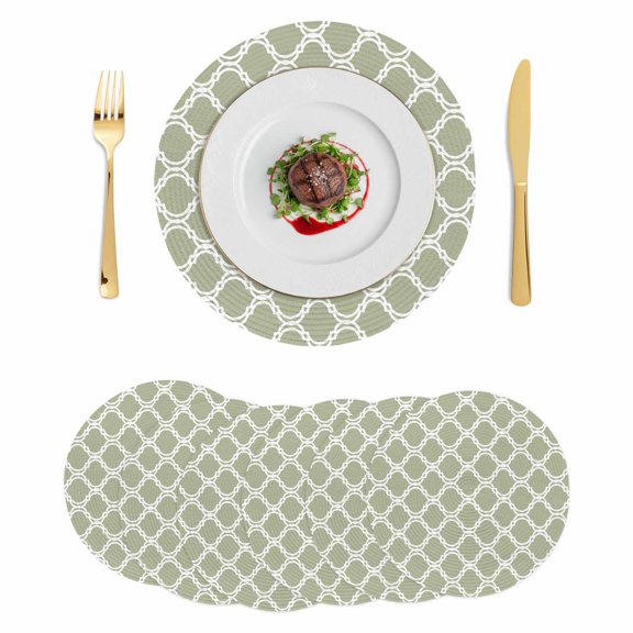 Sage Green Morocco Round 13 Inch Placemats Set of 6, Geometric Moroccan Abstract Art HeatResistant Non Slip Place Mats for Dining Table, Wipeable Braided Kitchen Table Mats for Housewarming