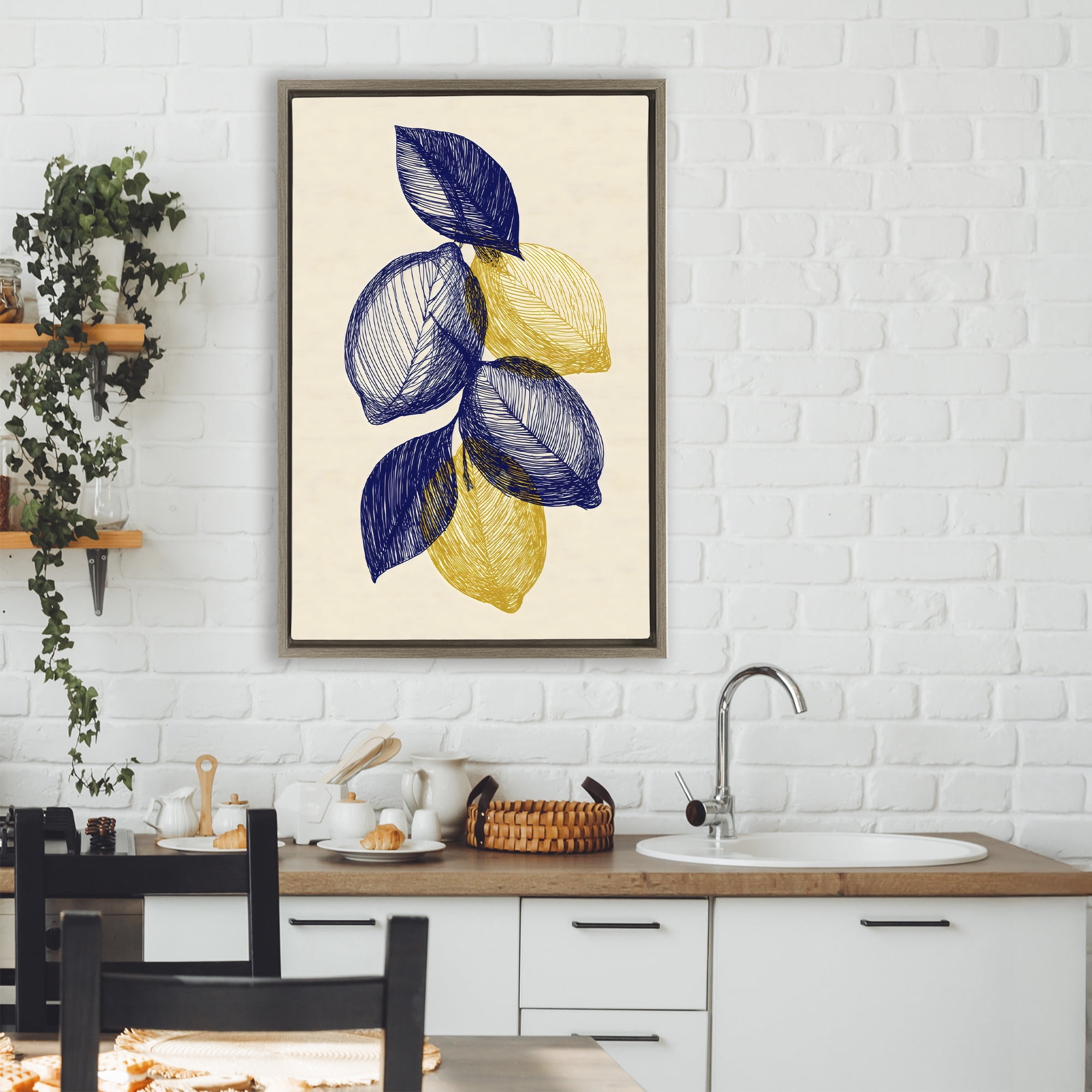 Stupell Industries Navy Lemons Botanical Sketch Brown Framed Floater Canvas Wall Art, design by Petal Prints Design