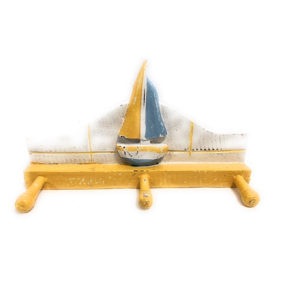 Sailboat Hanger 12" W/ 3 Pegs - Rustic Red Nautical Accent | #ORT1700328y