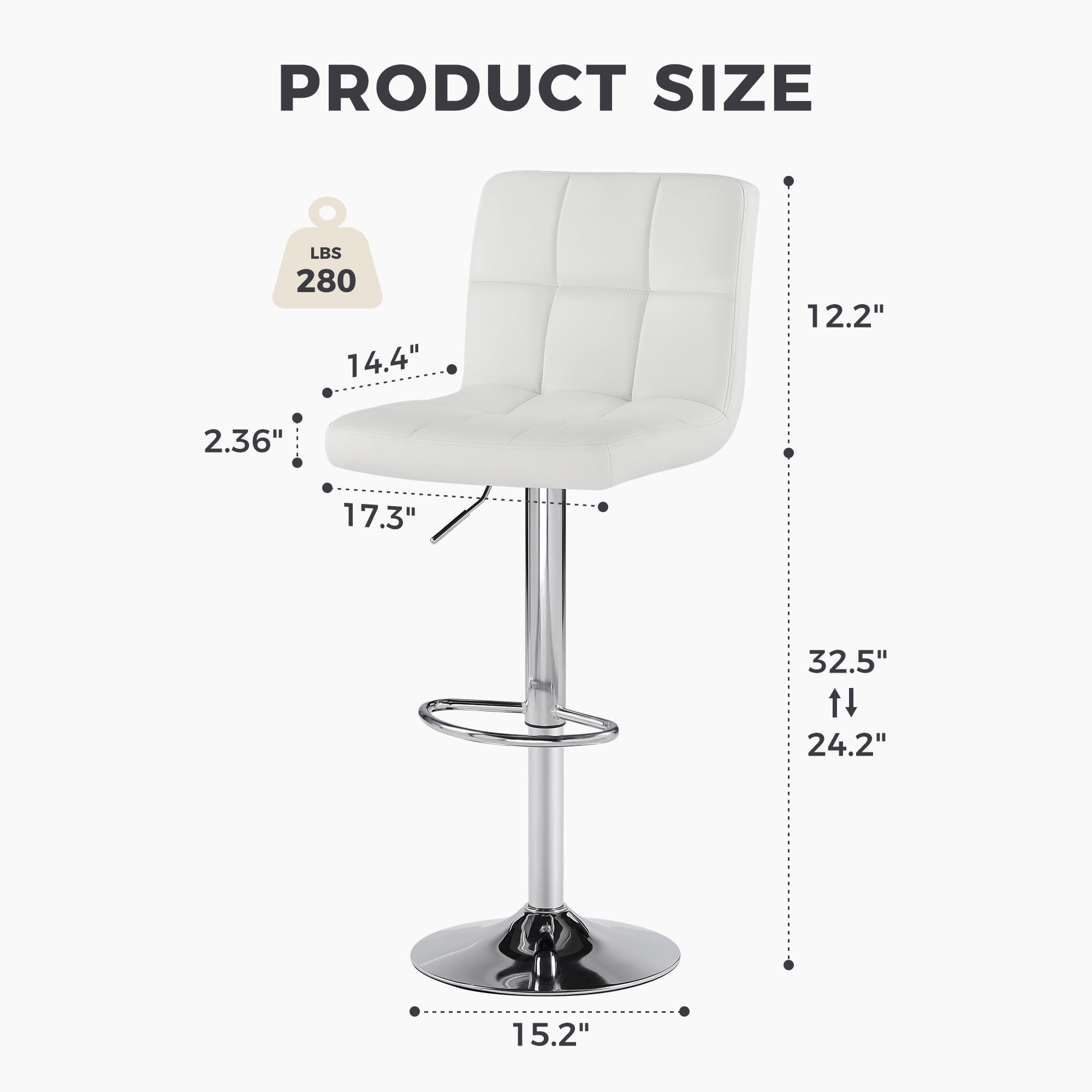 CONCETTA Set of 2 White Swivel Bar Stools, Adjustable PU Leather with Back & Footrest