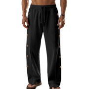 TANBOM Men's Wide-Leg Straight Casual Pants Drawstring Side Buttons Black 1-Pack XL