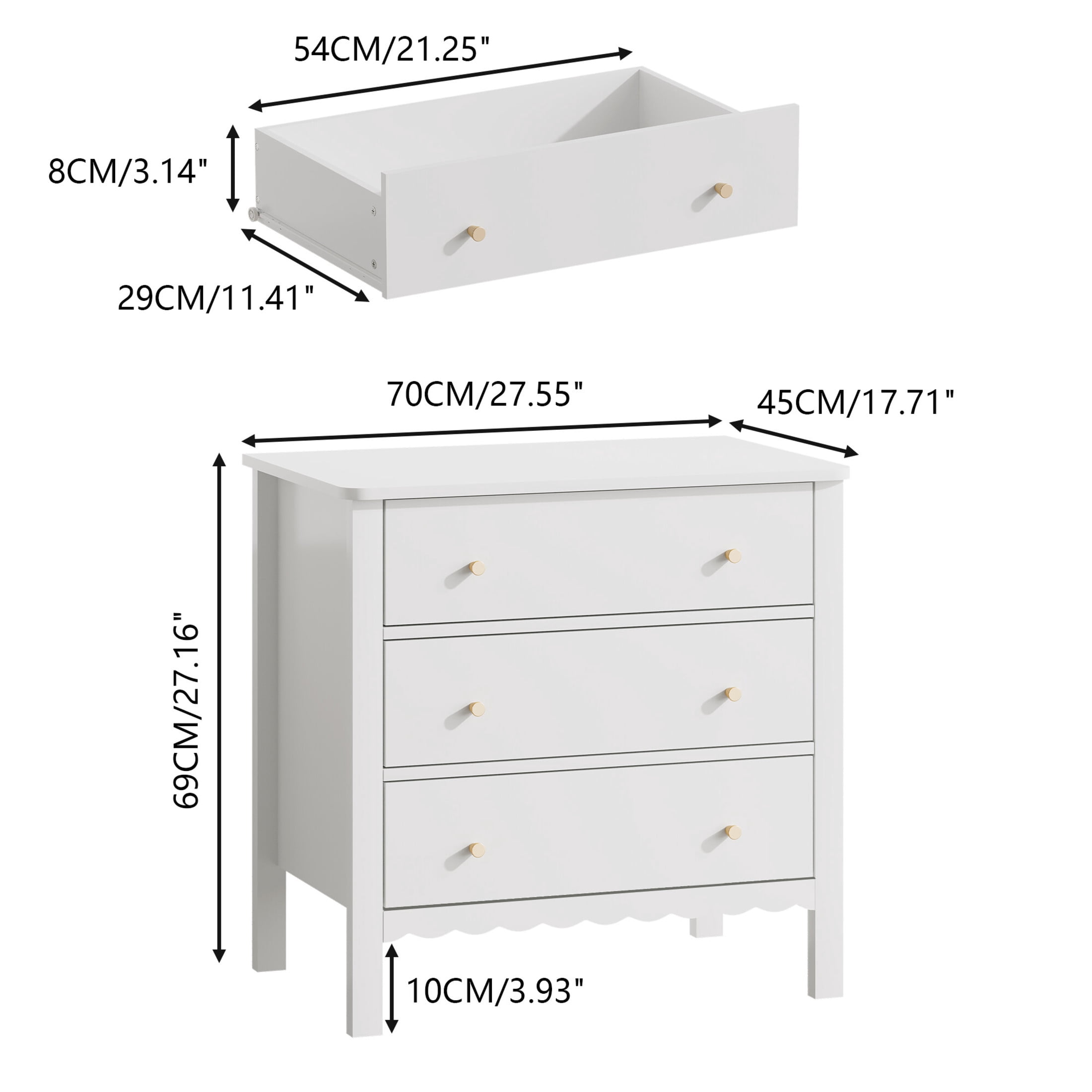 Noble House Modern 3 Drawer Dresser with Gold Knobs, Painted Wooden Storage Chest of Drawers for Nursery, White