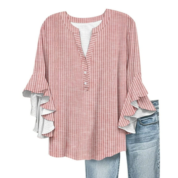 Endives Women's T-shirt Womens Tops 3/4 Length Sleeves Floral Shirts Flowy Ruffle Sleeve Tops Half Button Down Shirt Summer V Neck Blouse