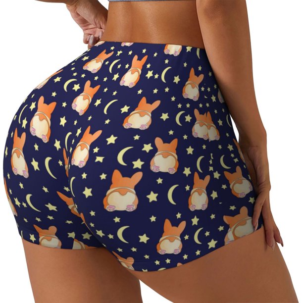 Balery Corgi Lying With Moons And Stars Pantalones cortos de entrenamiento estampados para mujer, sin costuras, ajustados, para gimnasio, yoga, correr, deportes, ejercicio activo, fitness.-Large