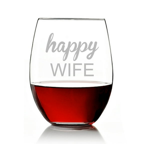 Happy Wife Engraved Stemless 15oz Wine Glass