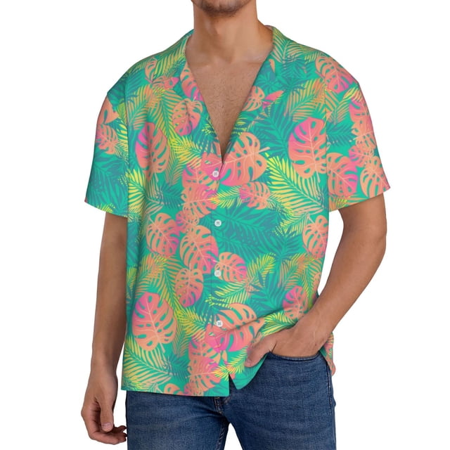 Fotbe Colorful Palm Leaves Camisa Estampada de Manga Corta para Hombre, Casual de Verano, Estilo Playero, Sin Arrugas-X-Large