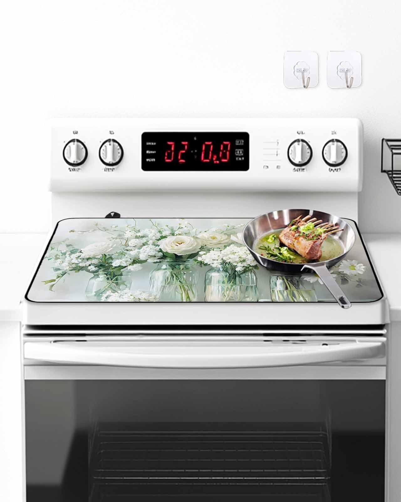 Stove Top Covers for Electric Stove 36x21 Inches, Daisies Flowers Heat Insulation Fireproof Glass Cooktop Protector, Vintage Watercolor Bottle Floral Countertop Stovetop Cover for Kitchen