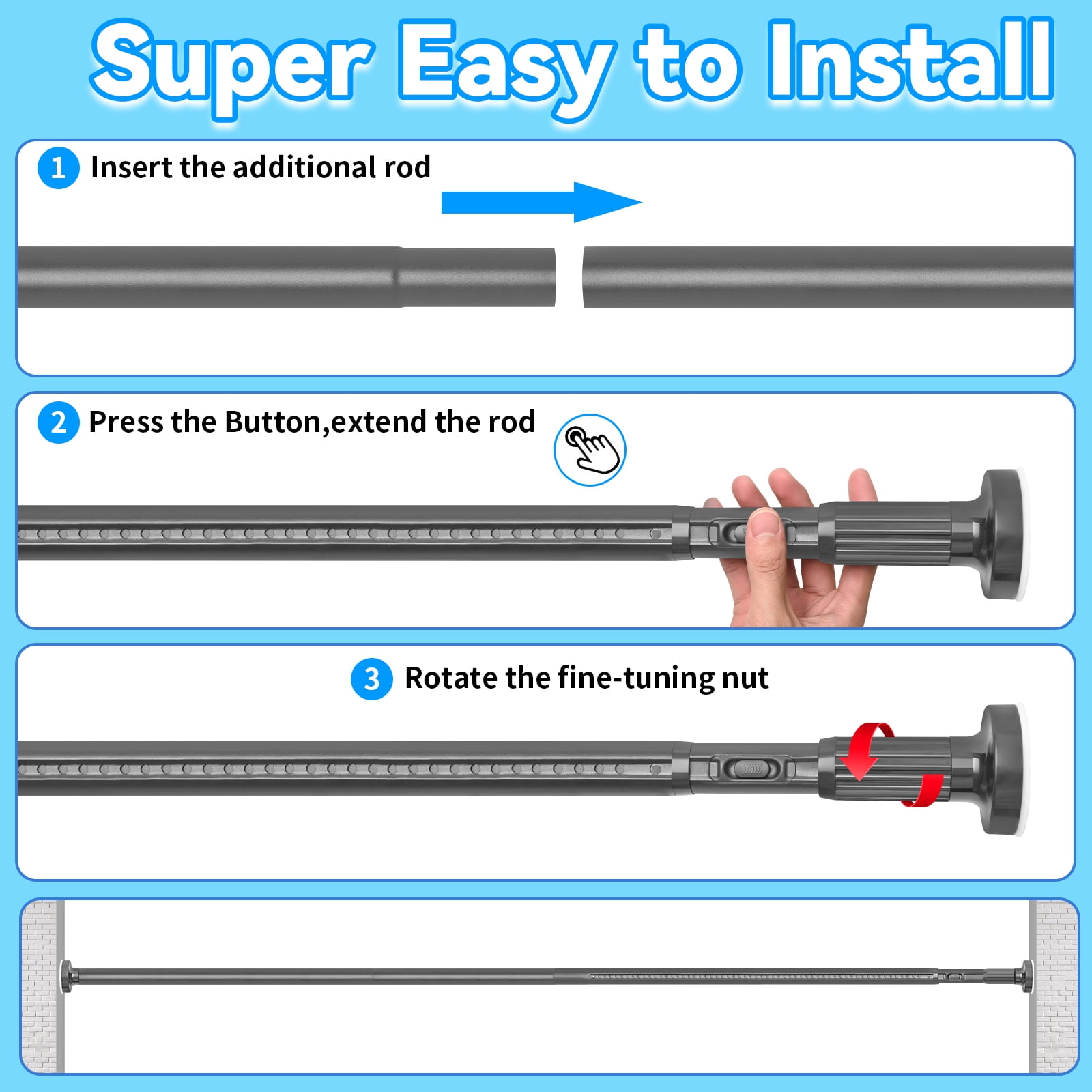 Ktinnead One-Push Tension Curtain Rod,94-122 in Extra Long Curtain Rods No Drill Adjustable Spring Shower Curtain Rod,Rustproof Steel for Window Patio Outdoor Bathroom,Matte Gray