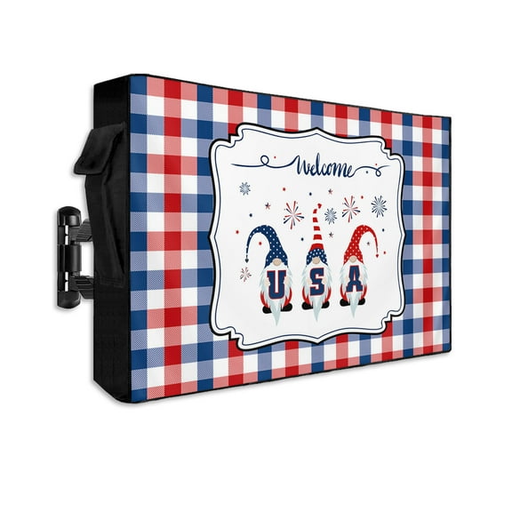 Independence Gnomes Cerebration Welcome Outdoor TV Cover 60 to 65 Inch Waterproof, Blue Red White Buffalo Plaid 600D Oxford TV Covers with Zipper, Outside Flat TV Screen Protector 58"Wx37"Hx4.5"D