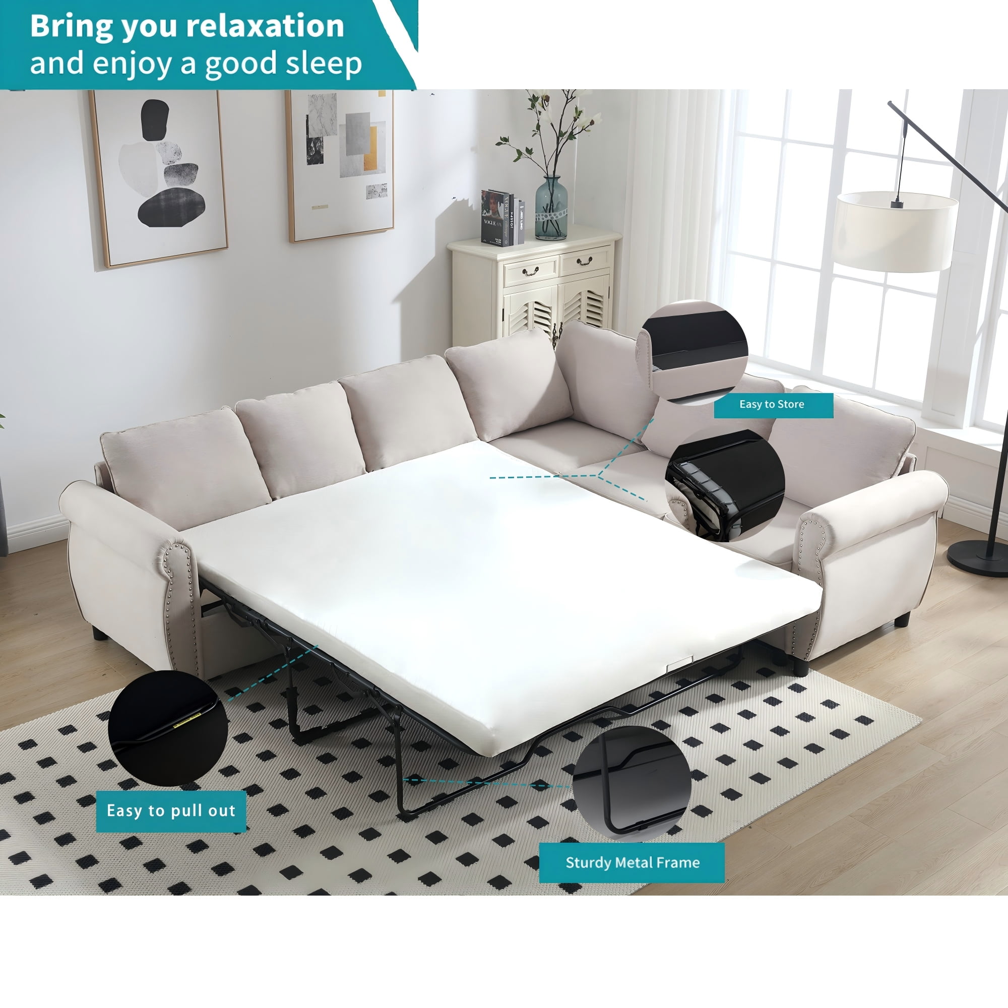LLappuil Sectional Sofa, Pull Out Sofa Bed Queen Size, 6 Seat Sofa Couch Convertible Sleeper Sofa Bed for Living Room Beige