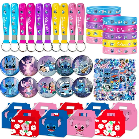 Stitch Party Favor, Stitch Birthday Party Supplies Kit Includes 10 Bracelets,10 Keychain, 8 Button Pins, 50 Stickers, 9 Boxes for Stitch Party Decor, Party Decoration for Stitch Themed Party