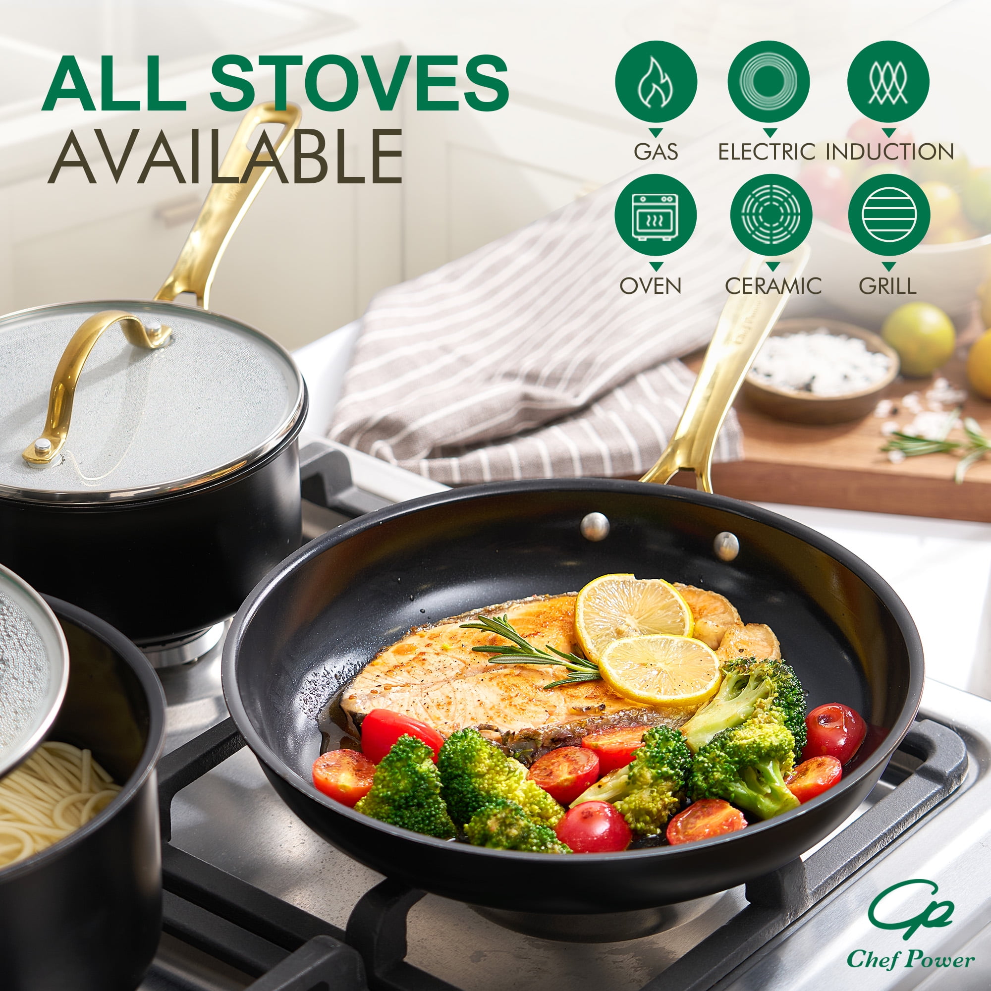 Chef Power Ceramic Cookware Sets, 10Pcs Pots and Pans Set Non Stick, Cookware Set with Stainless Steel Handle, Dishwasher & Oven Safe,Stone Black with Light Gold Handle