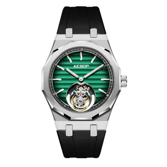 AESOP Real Flying Tourbillon Skeleton Mechanical Manual Winding Wrist Watch Men Sapphire Crystal Diamond Business Dress Hollow Super Luminous Clock Man Gradient Dial Stainless Steel Rubber