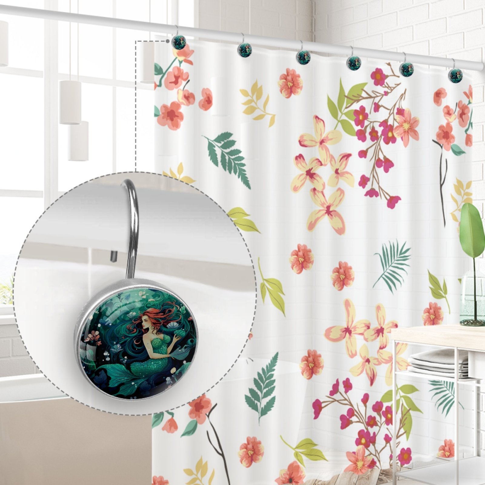 HemaKayy 12 Pcs Decorative Shower Curtain Hooks - Stainless Steel Rings for Bathroom Décor - Easy Glide & Secure Hold - Perfect Decoration for Bathroom Shower Rods - Ocean World Mermaid