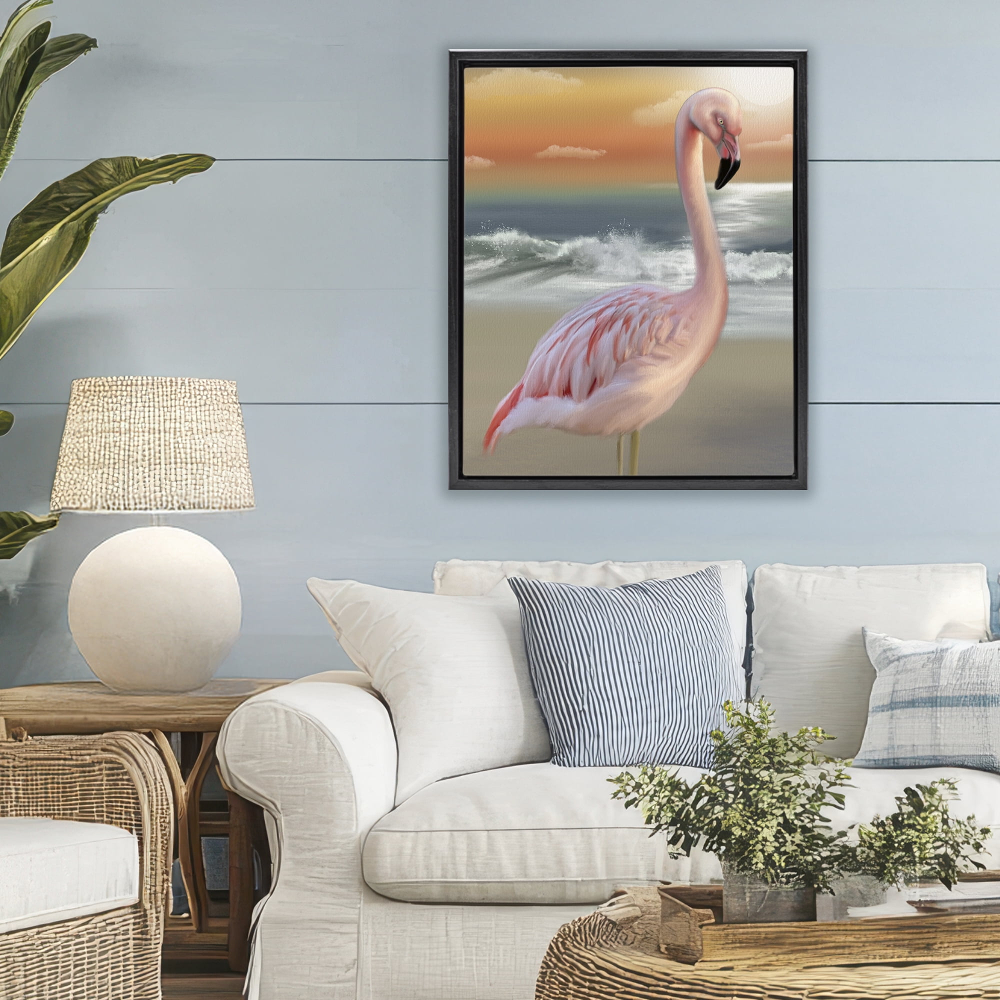 Stupell Industries Coastal Beach Flamingo Black Framed Floater Canvas Wall Art, design by Matthew Piotrowicz