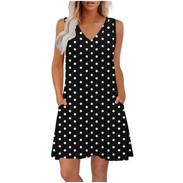 Vestido Corto para Mujeres Verano sin Mangas Cuello en V, Impresión de Moda con Bolsillos, Poliéster de Algodón Casual