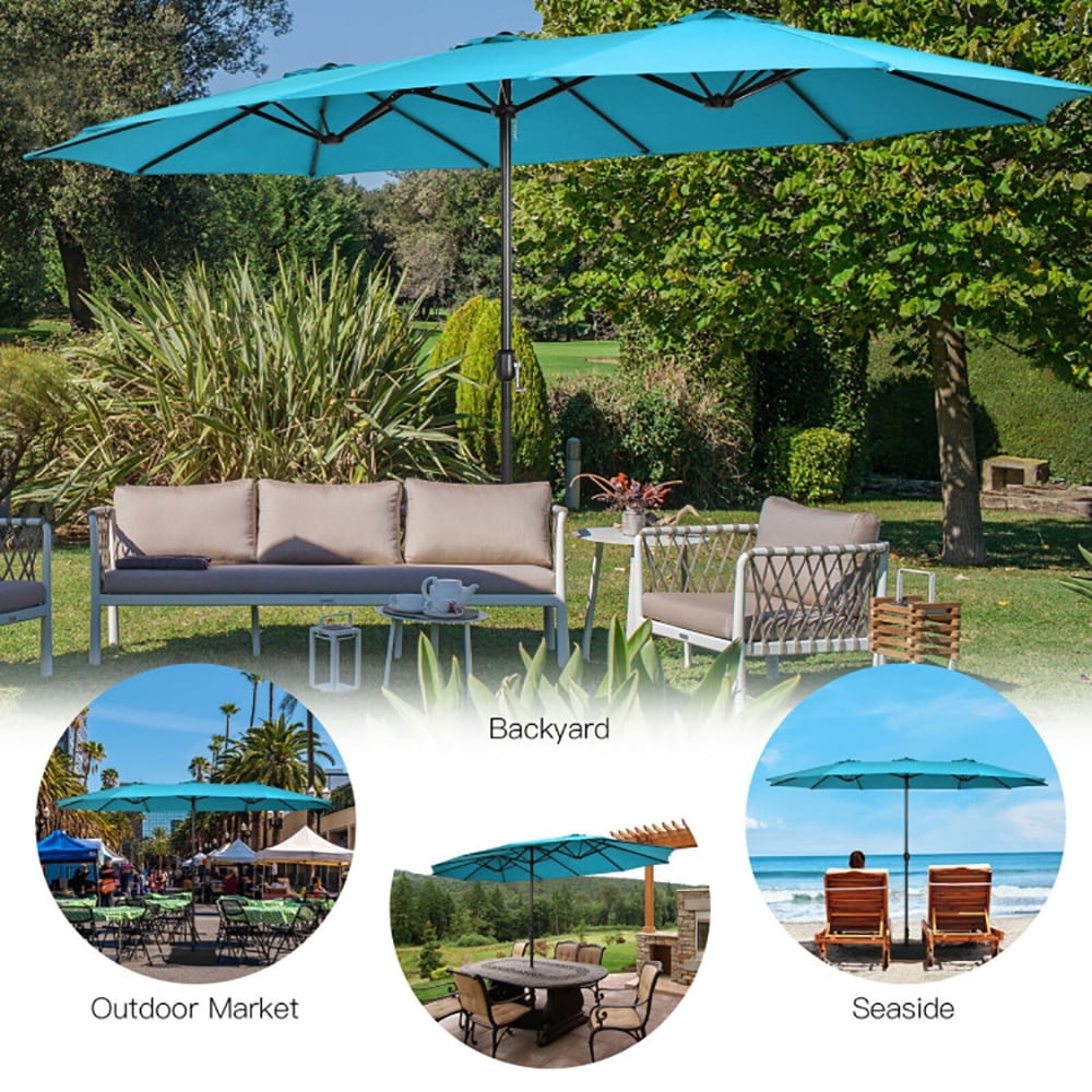 Aimee Lii 15 Feet Double-Sided Twin Patio Umbrella with Crank and Base, Sunbrella Patio Umbrellas, Turquoise