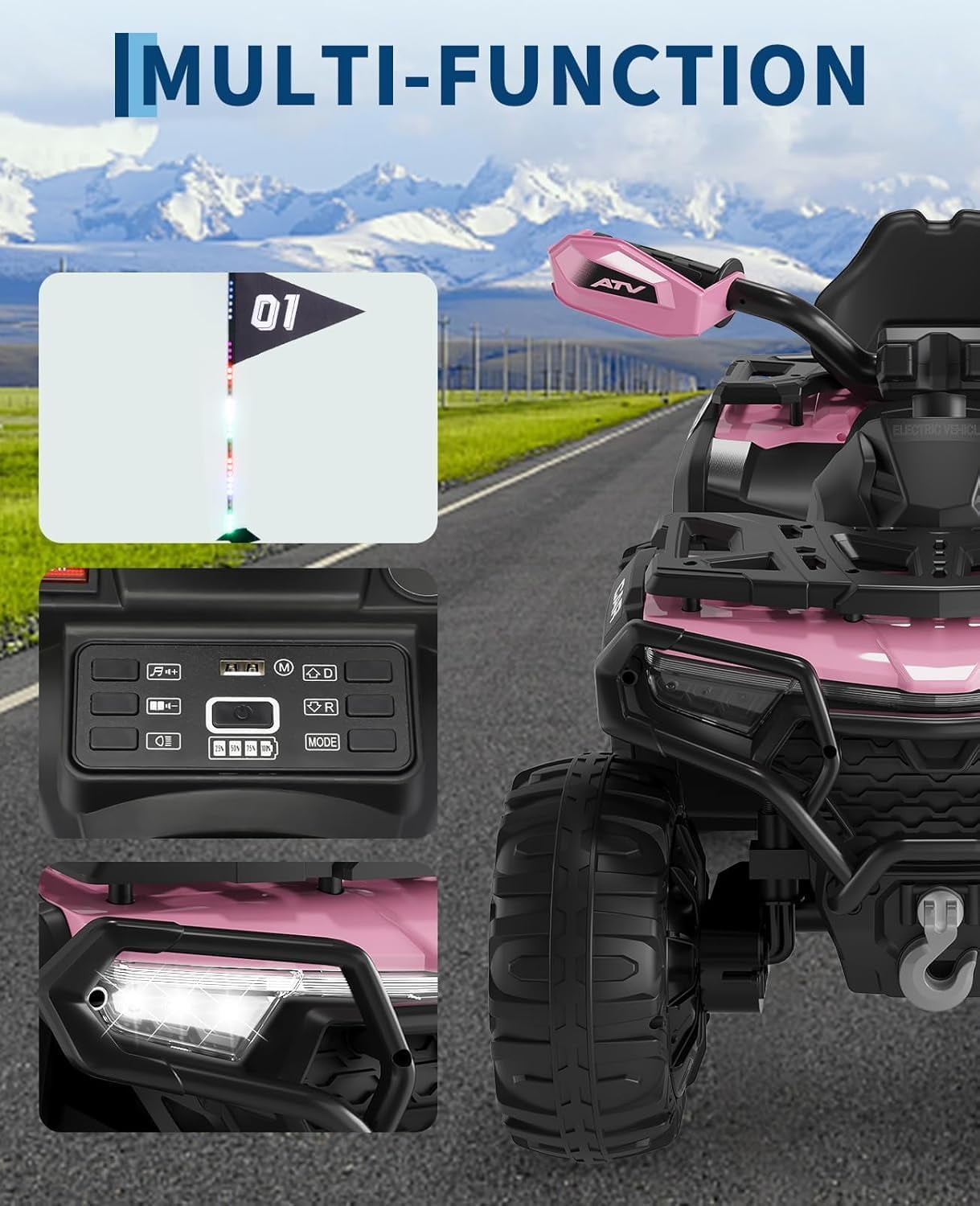 Historyli Powered Ride Ons,12V 4 Wheeler ATV,Ride on Eletric Motorcycle,2-Seater Electric Vehicle Toy Car with High&Low Speed,Music,Led Lights for 3-8 Years,Pink