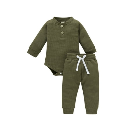

0-24M Autumn Casual Toddler Baby Girls Boys Clothes Sets Solid Long Sleeve Bodysuit Romper Tops Trousers 2pcs Clothes