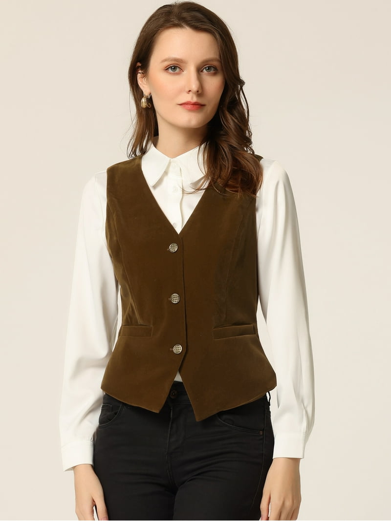 brown vest dress DARING DIVA Women's Vintage Velvet Button Down Steampunk Waistcoat L Size_2