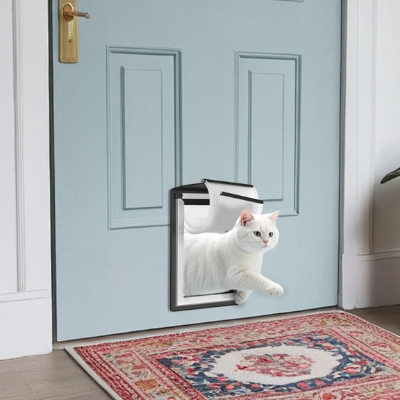 Cat Door for Door, All-Stainless Steel Frame Cat Door with Double Soft Flaps and 2 Sliding ABS Panels for Doors, Easy to Install, Perfect for Cats and Small Dogs Under 15 LBS, Black