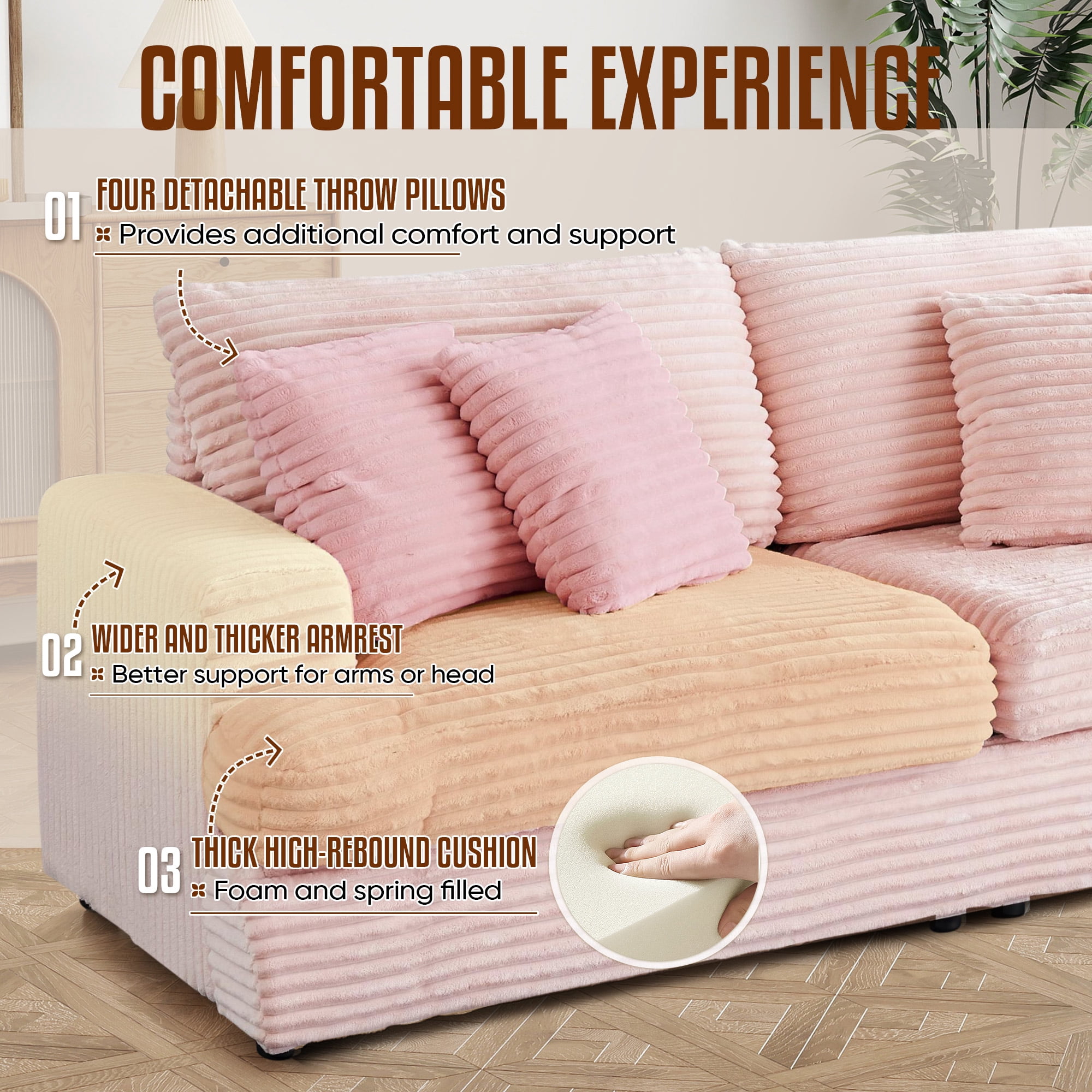 Dinosisco Corduroy Loveseat Sofa, Upholstered 3-Seater Sleeper Couch for Living Room, Pink