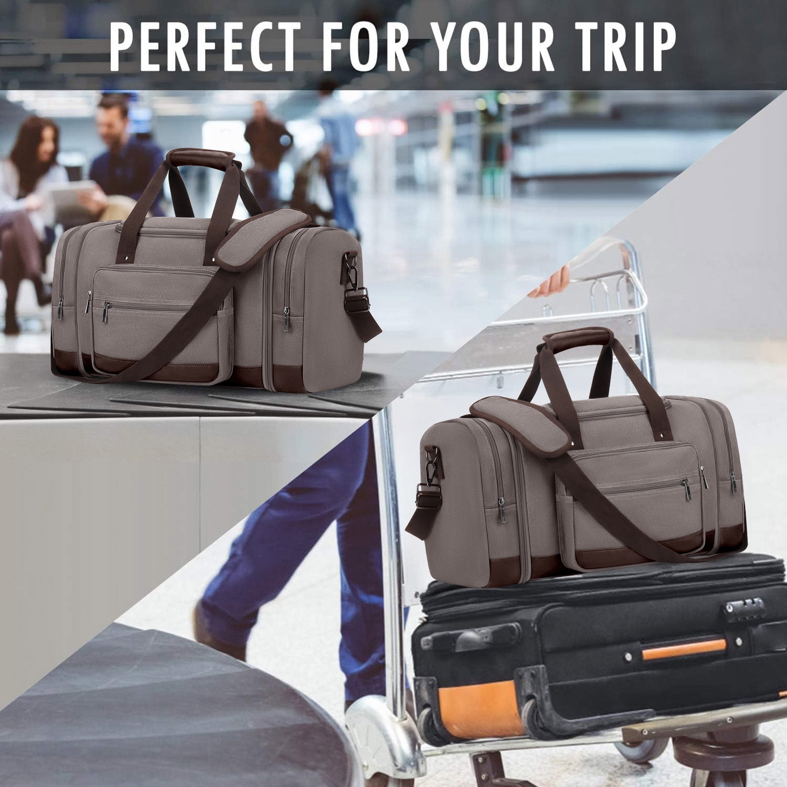 Gynky Duffle Bag for Travel Travel Bag 46L Large Expendable Duffle Bags for Men Weekender Bag with Trolly Sleeve for Business Trip Travel Camp Gym, Grey