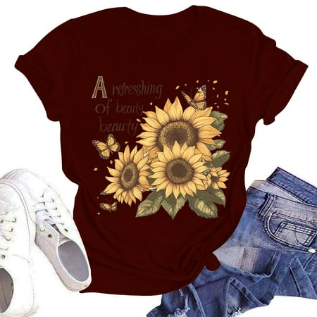 NAMTYQX Cute Tops for Women Hip Print Gemustertes Baggy Short Sleeve O-Neck Stretch Cool Plus Size Plus Size Blouses for Women Wine Size S