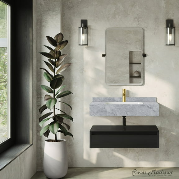 Avancer 36" Wall-Mounted Bathroom Vanity in Black Oak with Storm Grey Sink Top