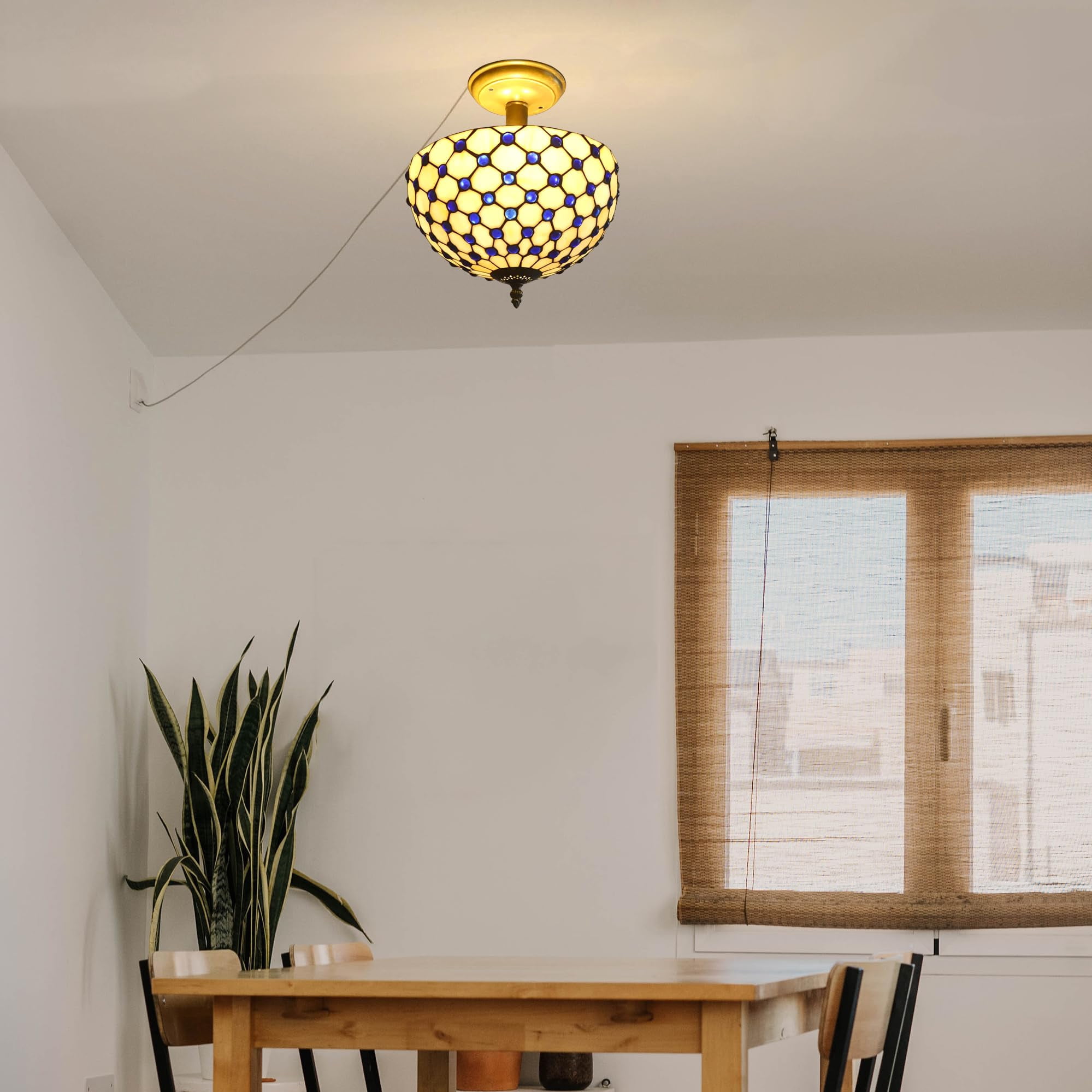 Kiven 11.8in Flush Mount Ceiling Light Fixture Dimmable, 2-Light Anti Glare Close to Ceiling Light with 15FT Plug-in Cord, Tiffany-Style Glass Chandelier for Bedroom Kitchen Hallway(No.3187)