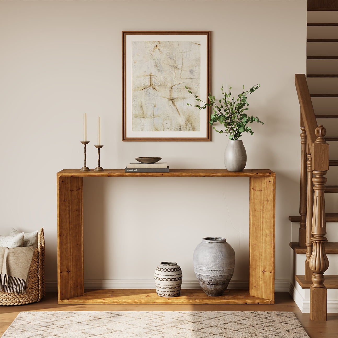 Finmind 2-Tier Solid Wood Console Table, 55 Inch Farmhouse Entryway Table Indoor for Foyer, Hallway, Brown