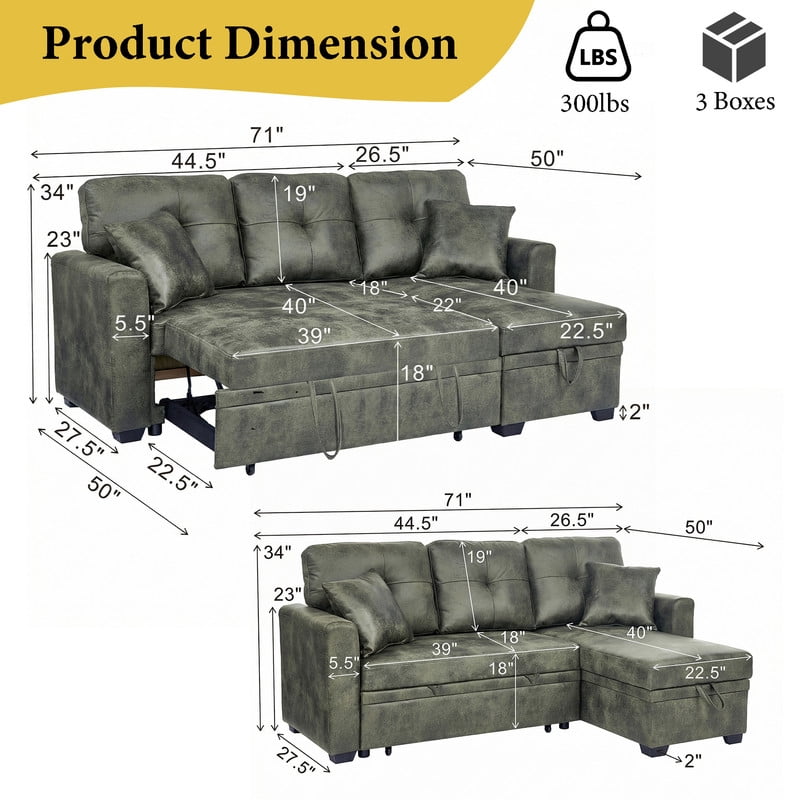 Sleeper Sofa Sectional with Pull-Out Bed – Reversible Chaise + Hidden Storage, Breathable Fabric, L-Shaped Couch for Small Spaces, Convertible Sofa Bed for Living Room