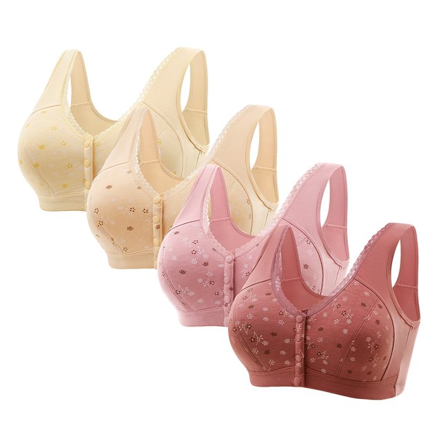 ylioge 4 Pack S-6XL Womens Bras Plus Size Front Closure Wireless Bralettes Push Up Soft-Cotton Multipack Breathable Support Underwear Bra