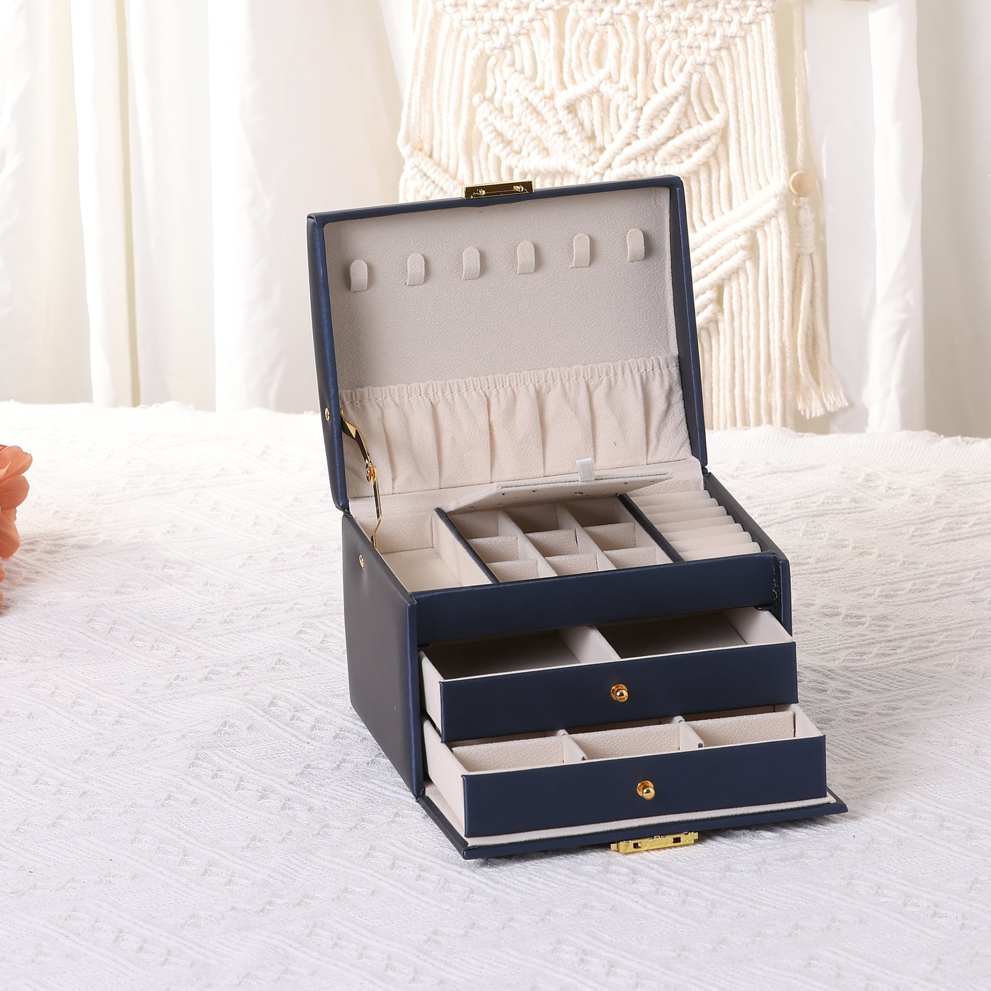 Unique Bargains 3 Layer Jewelry Box PU Leather Jewelry Organizer Case with Drawer Blue