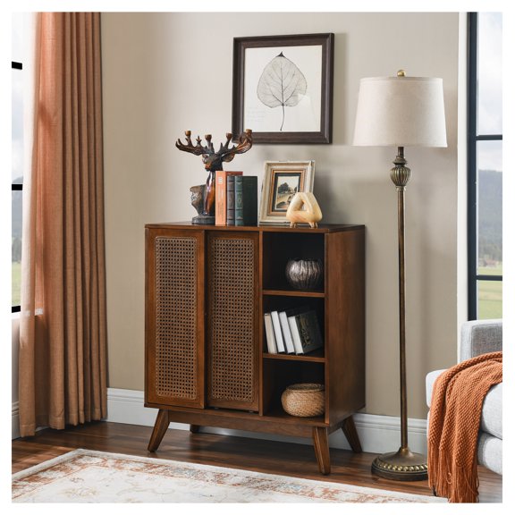Century Modern Rattan Sideboard Cabinet, Buffet Cabinet for Entryway Hallway Living Room Kitchen Dining Room, Adjustable Shelf & Solid Wood Feet & Rattan Cabinet Doors - Dark Wood