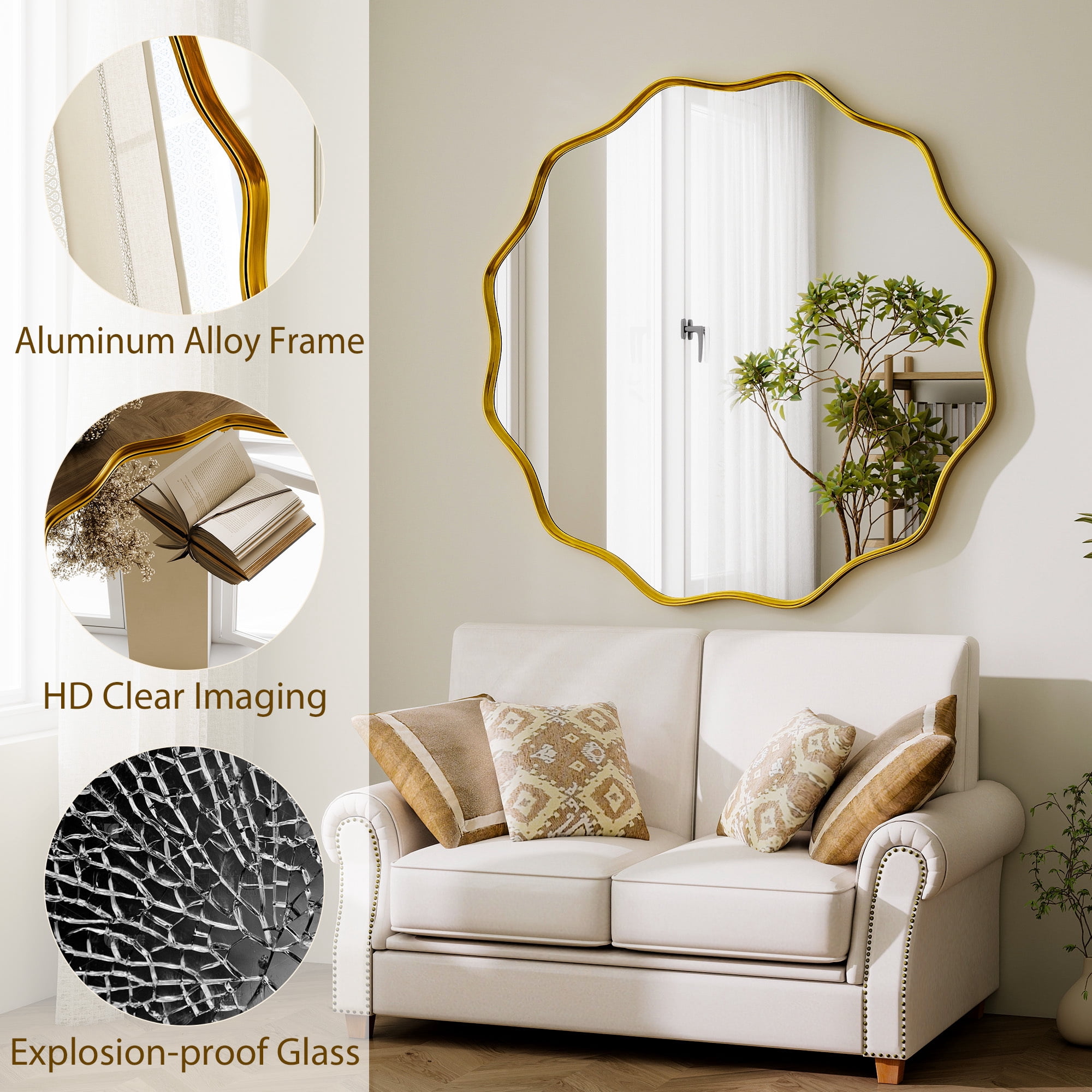 Easy4Home 24.2" Wavy Round Bathroom Mirror Wall Mounted Decorative Mirror With Deep Frame, Gold