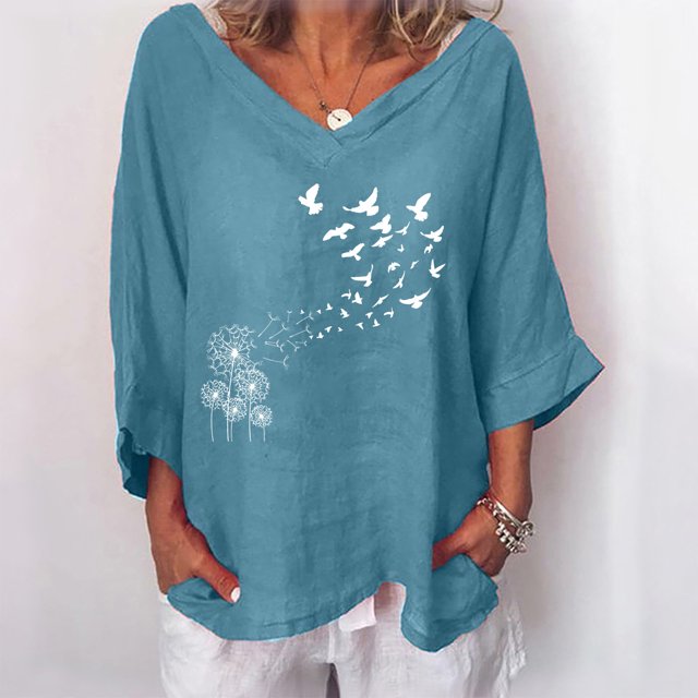 LOVZFMLL Tops Hauts d'Été pour Femmes Mode Imprimé Col en V Manches Trois-Quarts T-shirt Blouse Amples