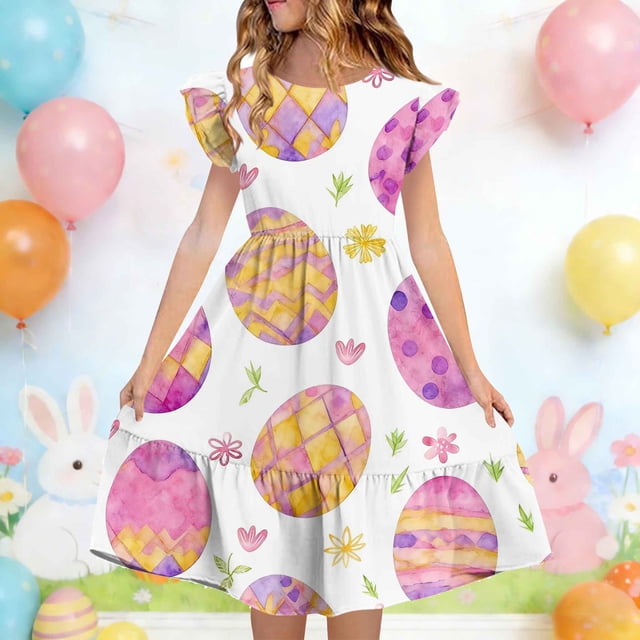 EGNMCR Robe à Manches Courtes à Col Rond Robe d'Été pour Enfants Imprimée à Manches Plissées à Double Couche pour Enfants de 5 à 14 Ans Robe