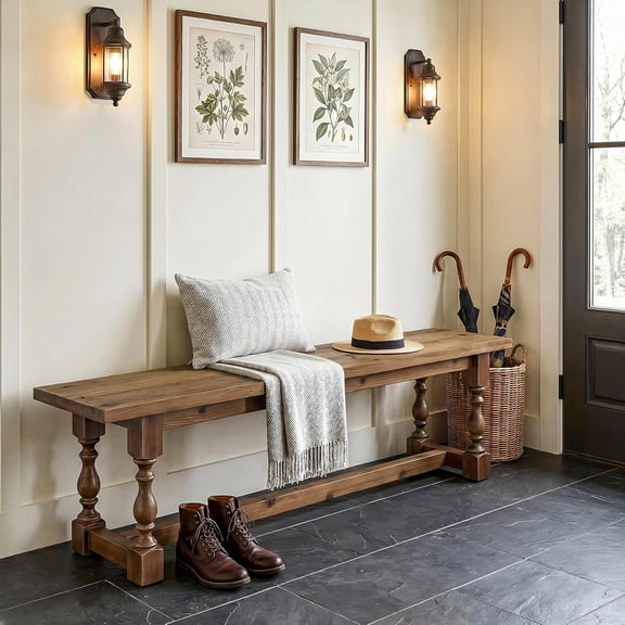 Tribesigns 59.1" Solid Wood Entryway Bench, Rustic Farmhouse Dining Seat with Turned Legs, End of Bed Bench for Bedroom, Holds 300 lb, Natural Brown